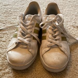 Adidas sneakers, white with gold stripes, size 8.5